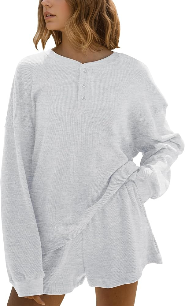 MISSACTIVER Waffle Knit Lounge Sets for Women Long Sleeve Oversized Sweatshirt Elastic Waist Shor... | Amazon (US)
