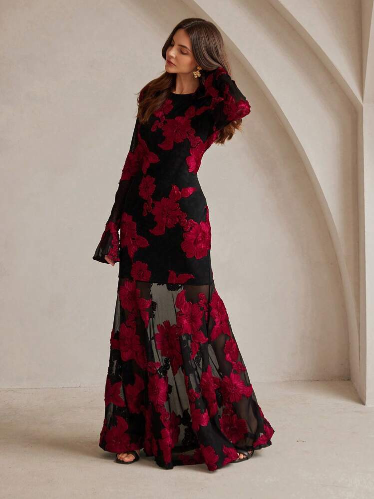 Anewsta Red & Black Floral Embroidery Backless Mermaid Dress, Elegant & Romantic, Suitable For New Year, Valentine's Day | SHEIN