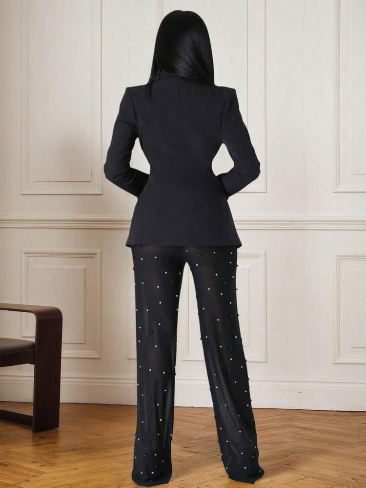 Women's Black Shawl Collar Blazer And Sheer Beaded Mesh Pants Suit Set With Buttons, Medium Stret... | SHEIN