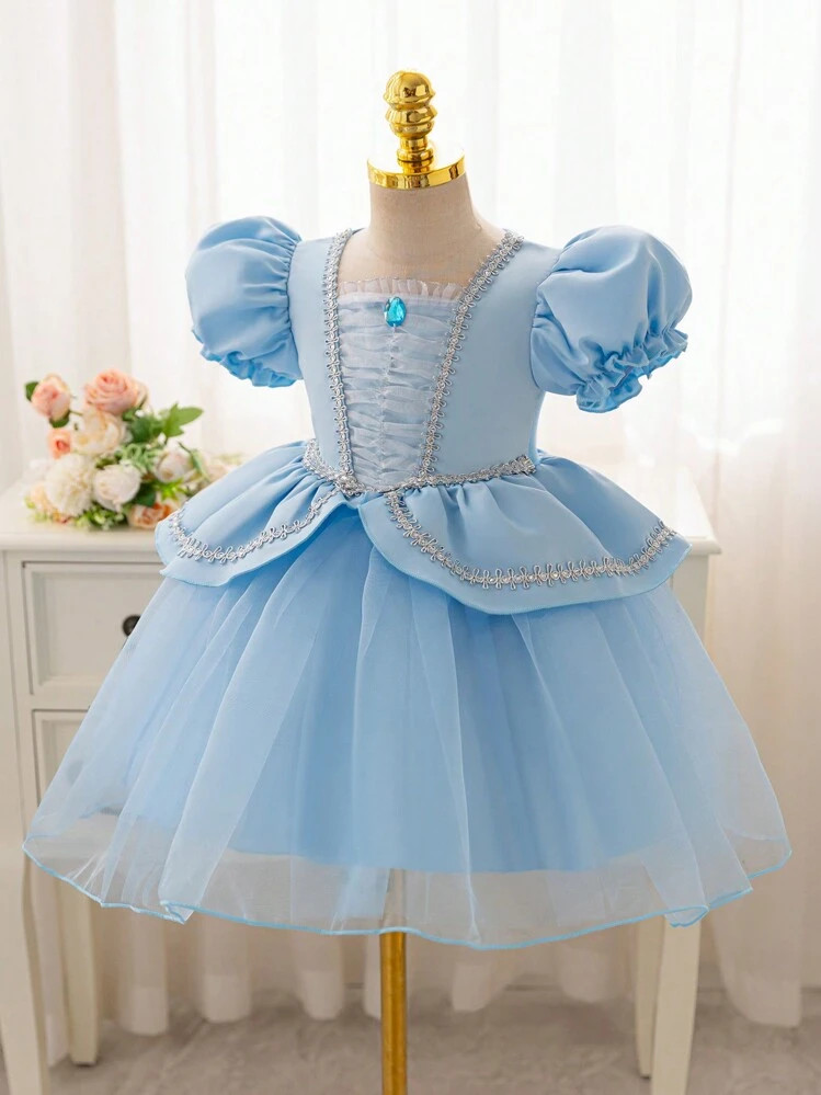 Glamorique Kids Young Girl Blue Tulle Puff Sleeve Dress With Silver Satin Ribbon, Princess Party ... | SHEIN