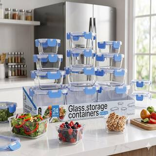 Bakken 24-Piece Borosilicate Glass Containers, BPA-Free, Leak-Proof Lids, Freezer, Microwave and Dishwasher Safe, BLUE | The Home Depot
