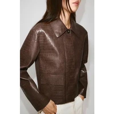 MANGO Nilo Croc Embossed Faux Leather Jacket in Khaki Green at Nordstrom, Size Large | Nordstrom