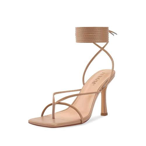 ISNOM Nude Lace Up Sandals - Women's Strappy Tie Up High Heels with Square & Open Toe - Thong Heels in Nude | Amazon (US)