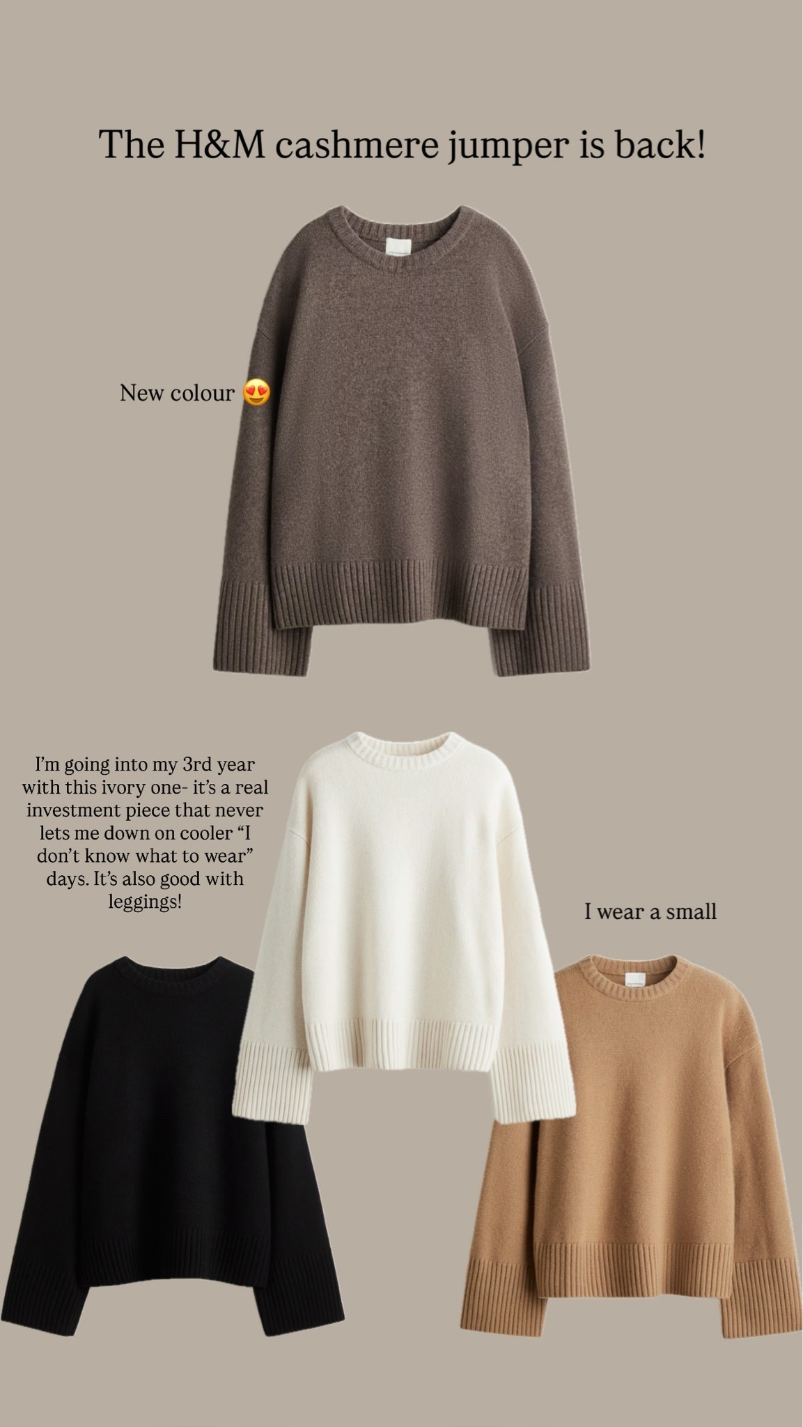 Back in stock! The H&M cashmere jumper I have loved for a few years now- the perfect knit that isn’t itchy!

#LTKautumn #LTKworkwear #LTKover50style