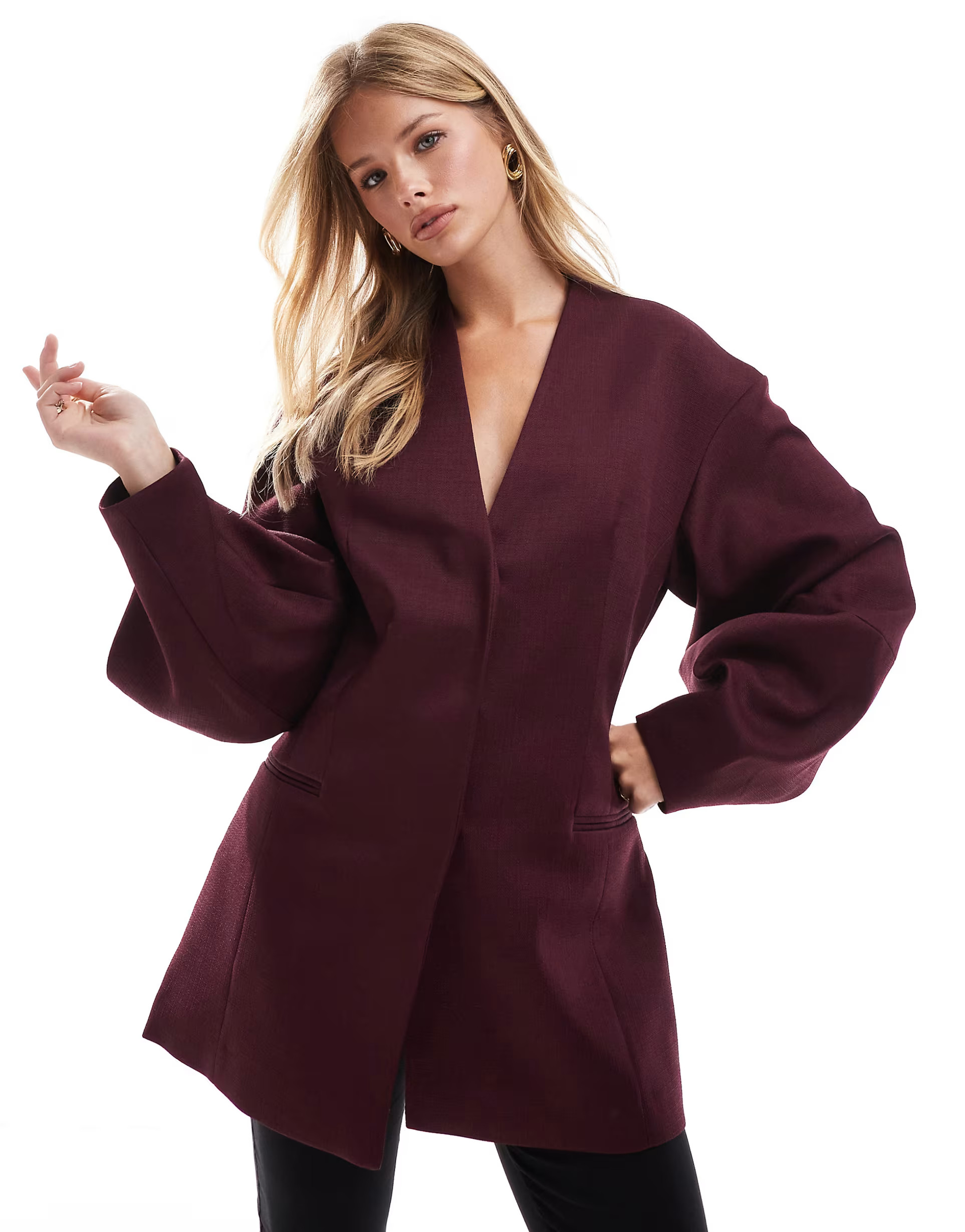 ASOS DESIGN cocoon sleeve collarless blazer in burgundy | ASOS (Global)