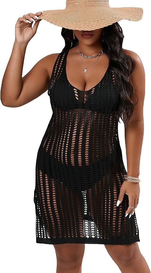 Cozyease Women's Bathing Suit Crochet Cover Ups Spaghetti Strap Hollow Out V Neck Beach Dress | Amazon (US)