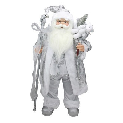 Northlight 24" Silver and White Santa Claus with Staff and Gift Bag Christmas Figure | Target