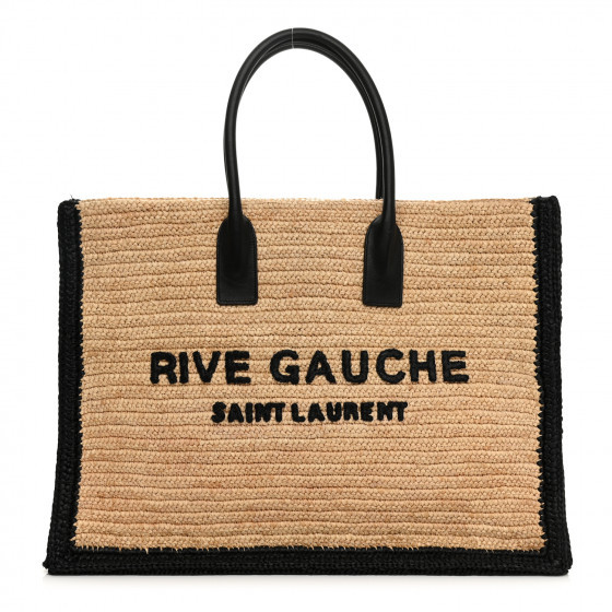 SAINT LAURENT Raffia Calfskin Rive Gauche Tote Naturale Black | FASHIONPHILE (US)