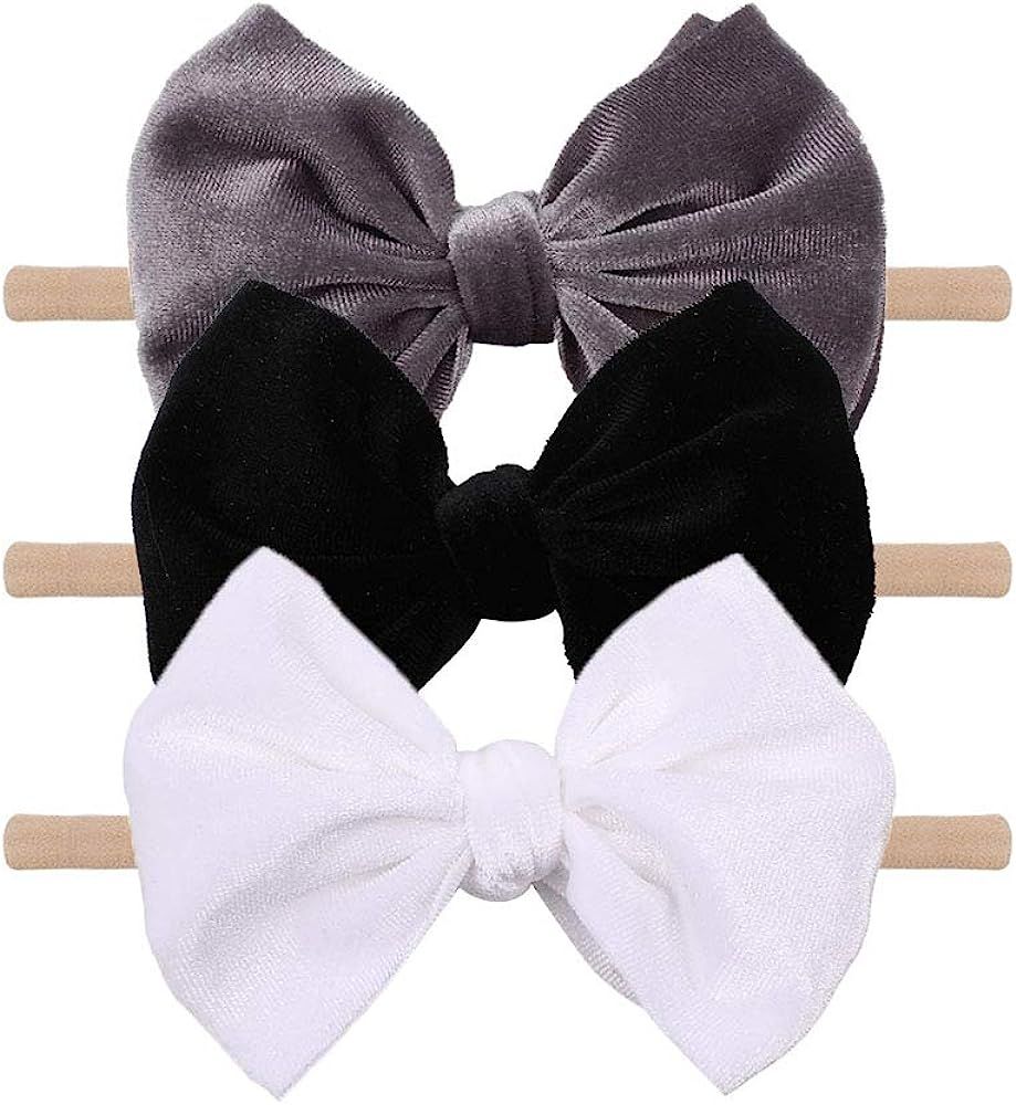 YanJie Baby Velvet Bow Headbands - 3 Pack Cotton Nylon Headband Baby Photography Hair Bow | Amazon (US)