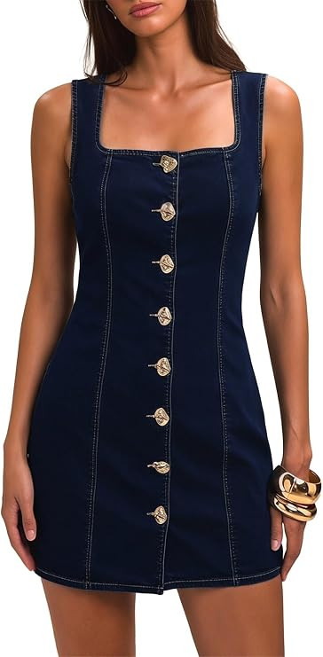 EZAPINE Denim Dress for Women Square Collar Sleeveless Denim Bodycon Dress Metal Button Mini Jean... | Amazon (US)