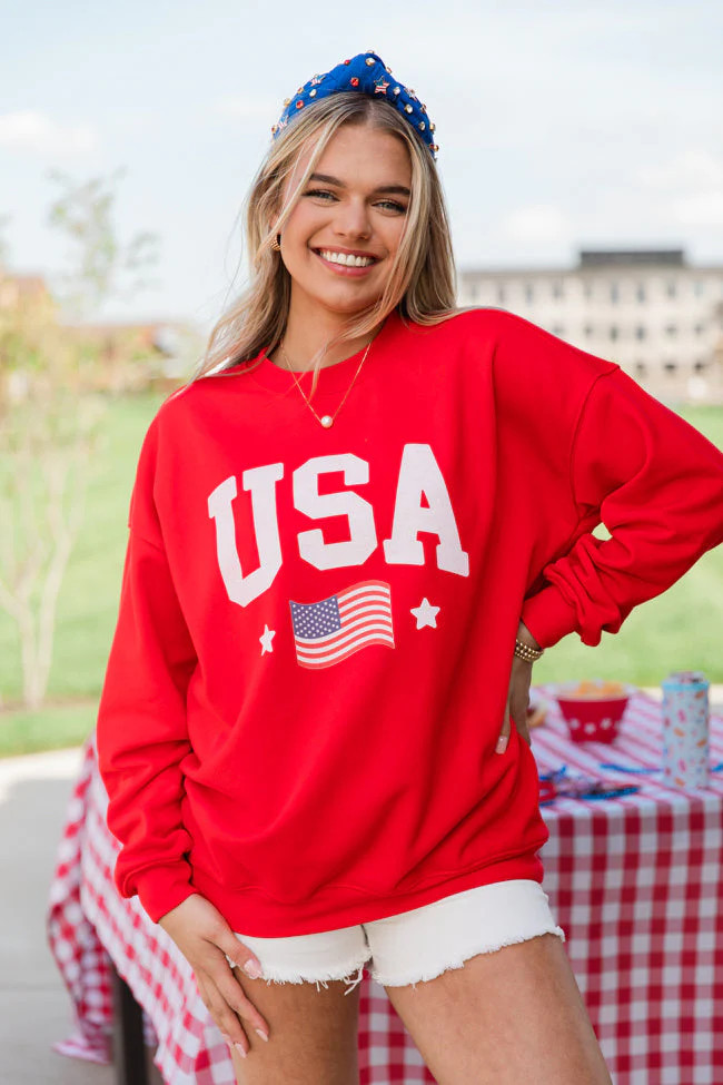 USA Flag Red Oversized Graphic Sweatshirt | Pink Lily