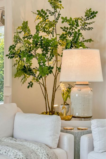 🌳🌳🌳 I’ve had this tree a couple of years and love the green leaves. it needs a little shaping and fluffing. I made mine fatter looking by bending out the branches a bit. 

My foo jar lamp is from a local shop in Montecito, ‘rooms and gardens’. The square marble side table and sofas are from restoration hardware.




#LTKhome