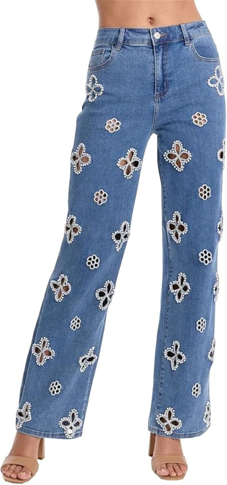 Women's High Waisted Wide Leg Jeans Trendy Stretch Pearl Floral Openwork Embellished Denim Pants | Amazon (US)