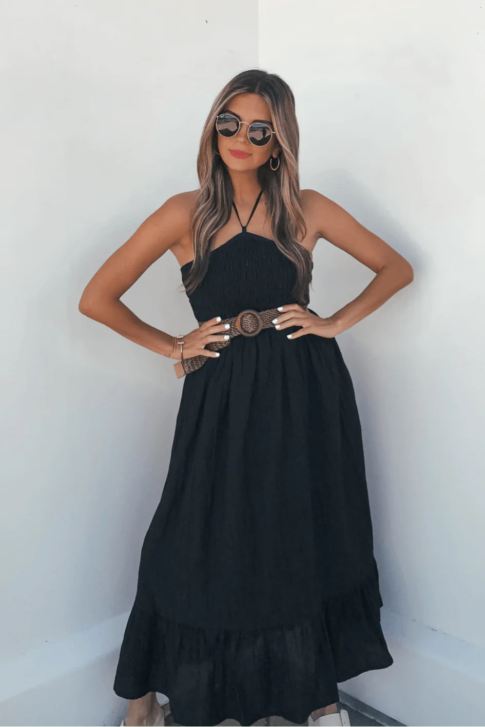 Camille Black Halter Belted Midi Dress | Magnolia Boutique