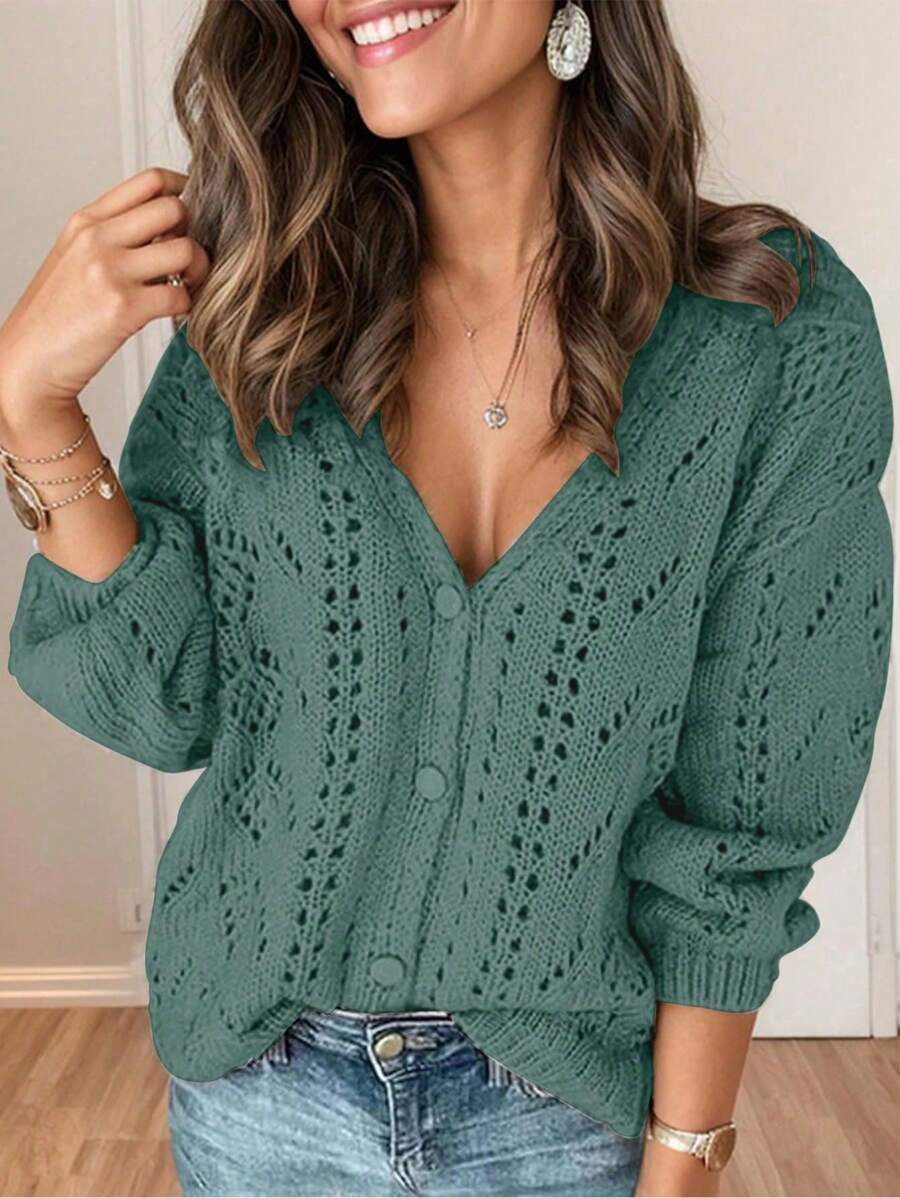 Franclia Women Solid Color Hollow V-Neck Casual Knitted Cardigan | SHEIN