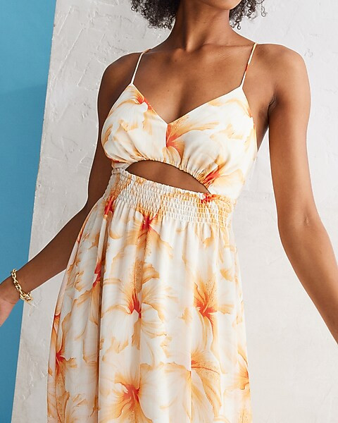 Floral V-Neck Cutout Midi Dress | Express