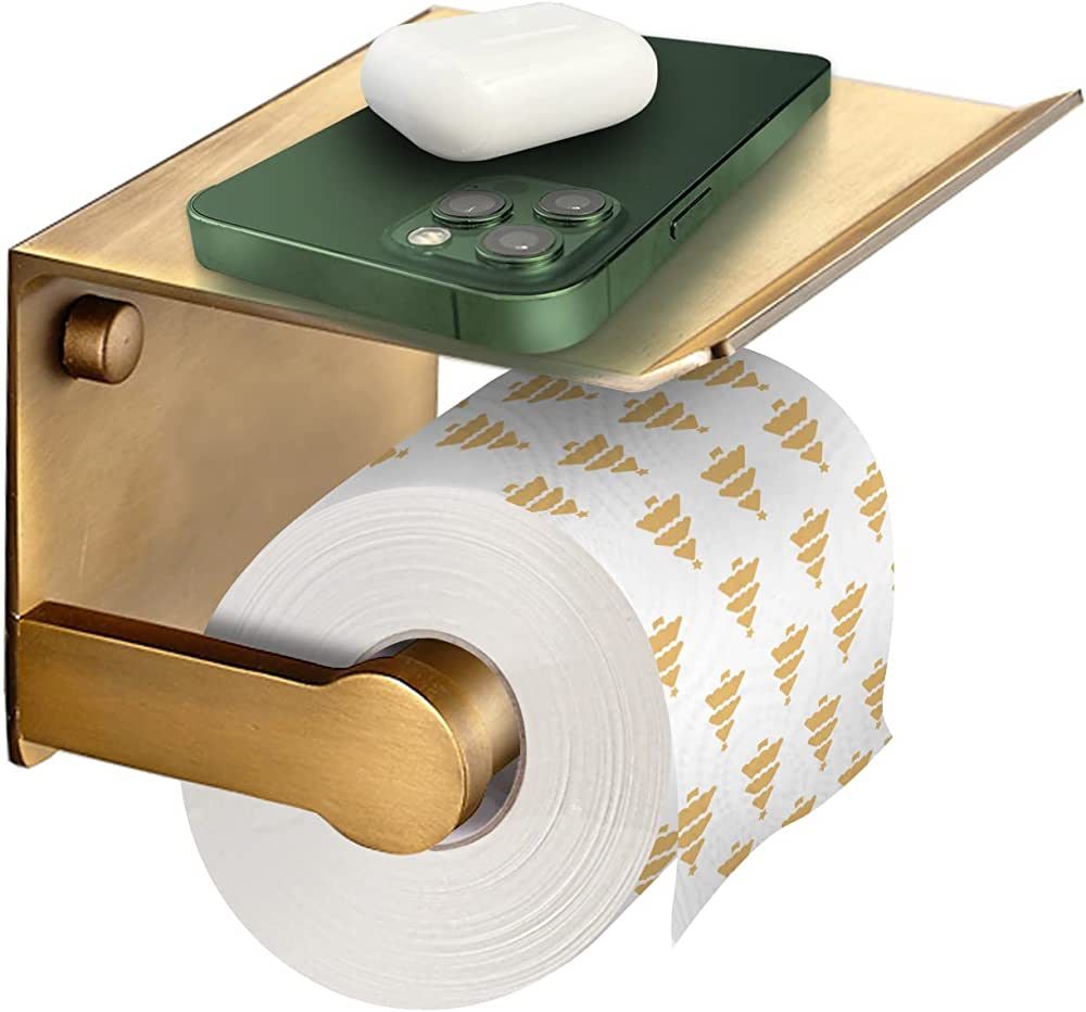 Gold Toilet Paper Holder with Phone Shelf,Toilet Paper Roll Holder with Storage Shelf,Wall Mounte... | Amazon (US)