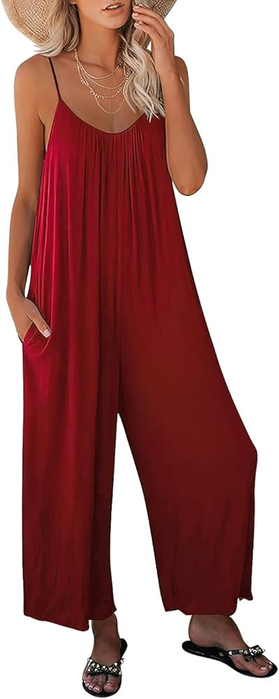 ANRABESS Women's Loose Casual Sleeveless Adjustable Spaghetti Strap Jumpsuits Stretchy Wide Leg Romp | Amazon (US)