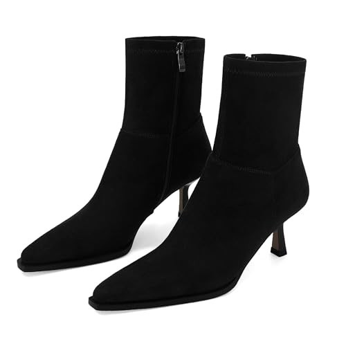 SOVANYOU Womens Black Suede Ankle Boots Pointed Toe Heeled Booties | Amazon (US)