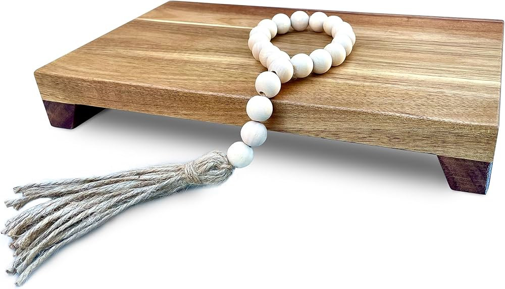 Lyfe Simple Natural Acacia Wood Pedestal Stand | Wood Riser with Decorative Beads | Kitchen Count... | Amazon (US)