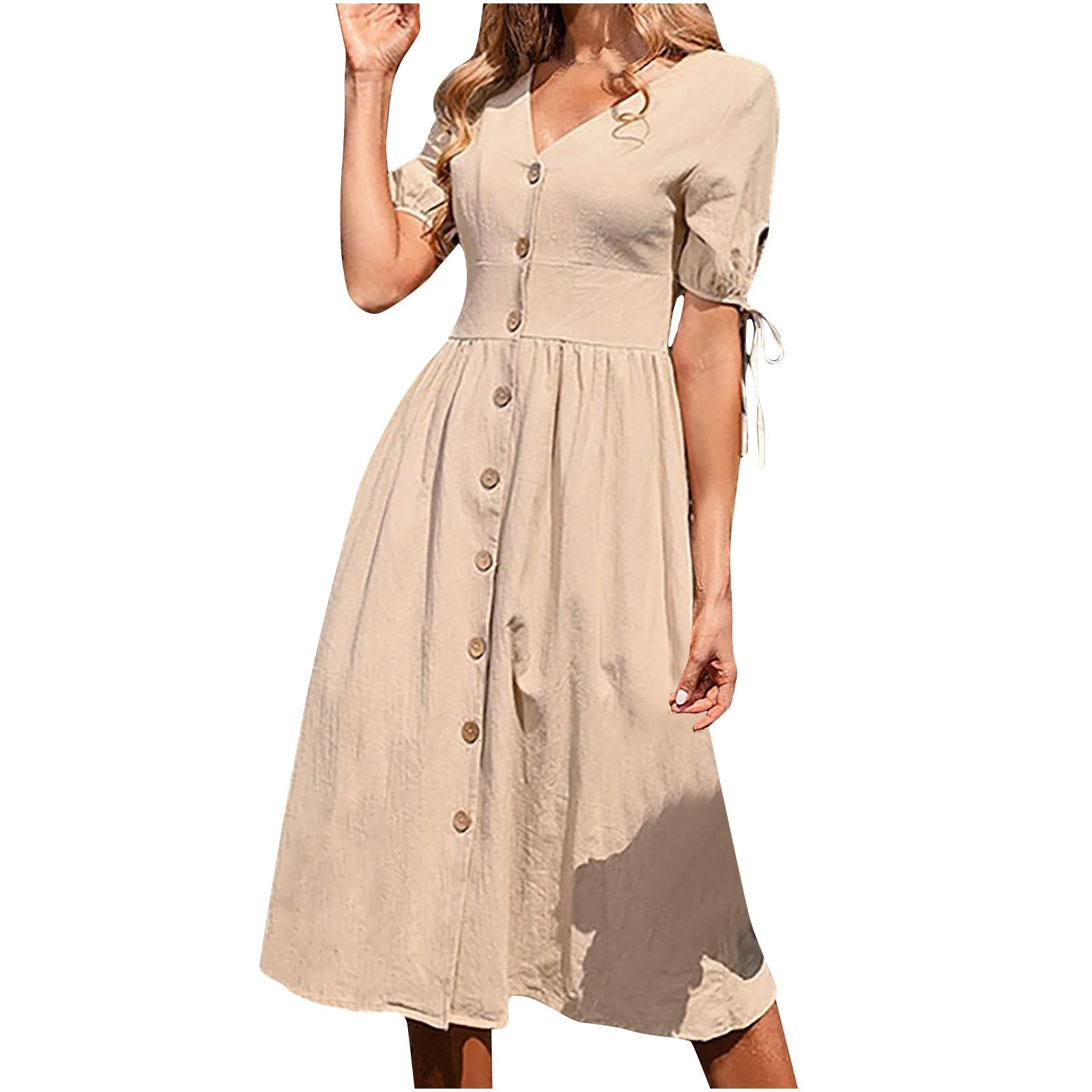 Sun Dresses for Women V Neck Button Down Cotton Linen Dress Solid Color Casual Soft Summer A Line... | Walmart (US)
