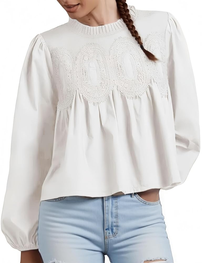 Womens Lace Mesh Flared Blouse Long Sleeve Crew Neck Trendy Floral Embroidered Sheer Lace Poplin ... | Amazon (US)