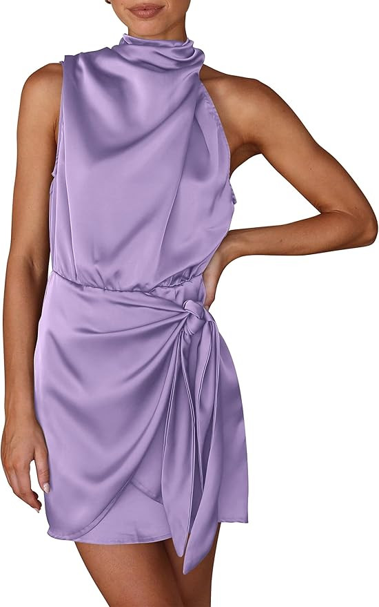 PRETTYGARDEN Women's Short Formal Satin Dress Summer Sleeveless Mock Neck Tie Waist Cocktail Part... | Amazon (US)