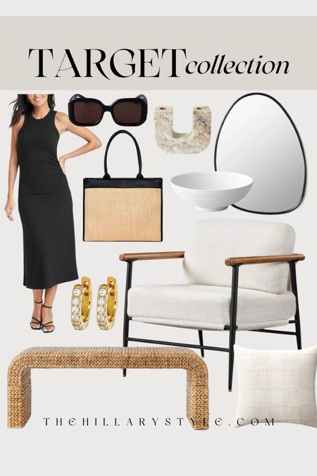 Target Collection: Neutral home decor and fashion finds from Target. Black dress, bodycon dress, midi dress, straw tote bag, gold huggie earrings, black sunglasses, modern accent chair, waterfall bench, textured accent pillow, pond mirror, ceramic bowl, marble candle holder.

#LTKSeasonal #LTKStyleTip #LTKHome