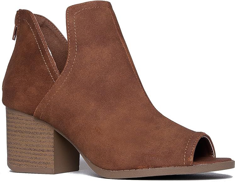 J. Adams Tabs Booties for Women - Cut Out Peep Toe Mid Block Heel Ankle Boots | Amazon (US)