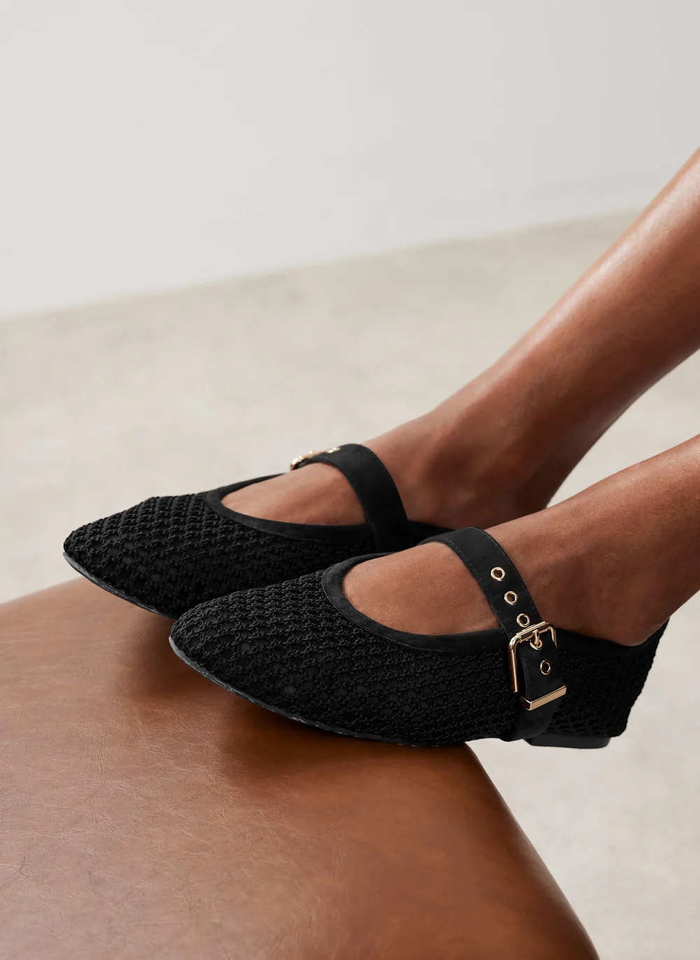 Trixie Black Mesh Ballet Flat Pumps | Mint Velvet