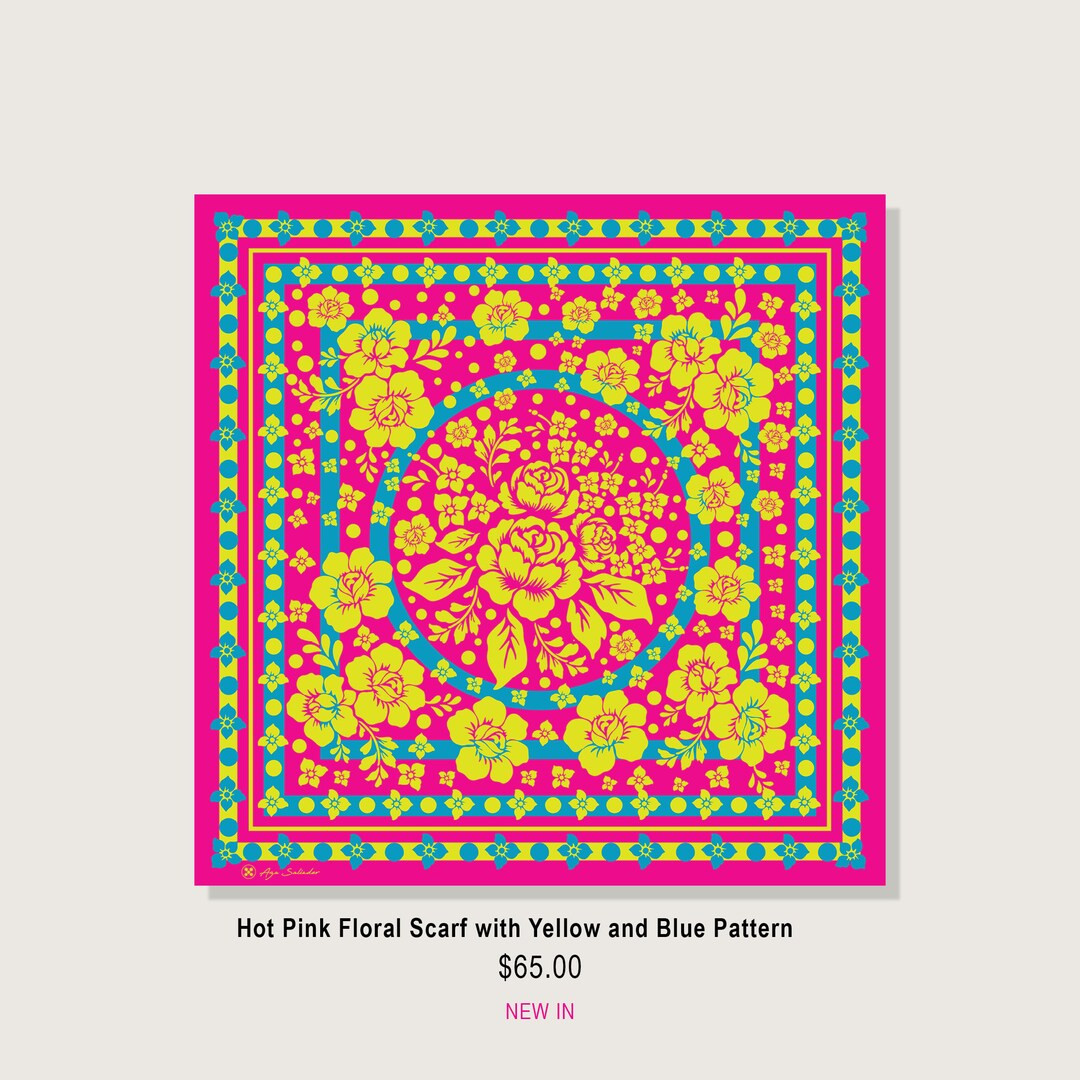 Hot Pink Floral Scarf With Yellow and Blue Pattern - Etsy | Etsy (US)