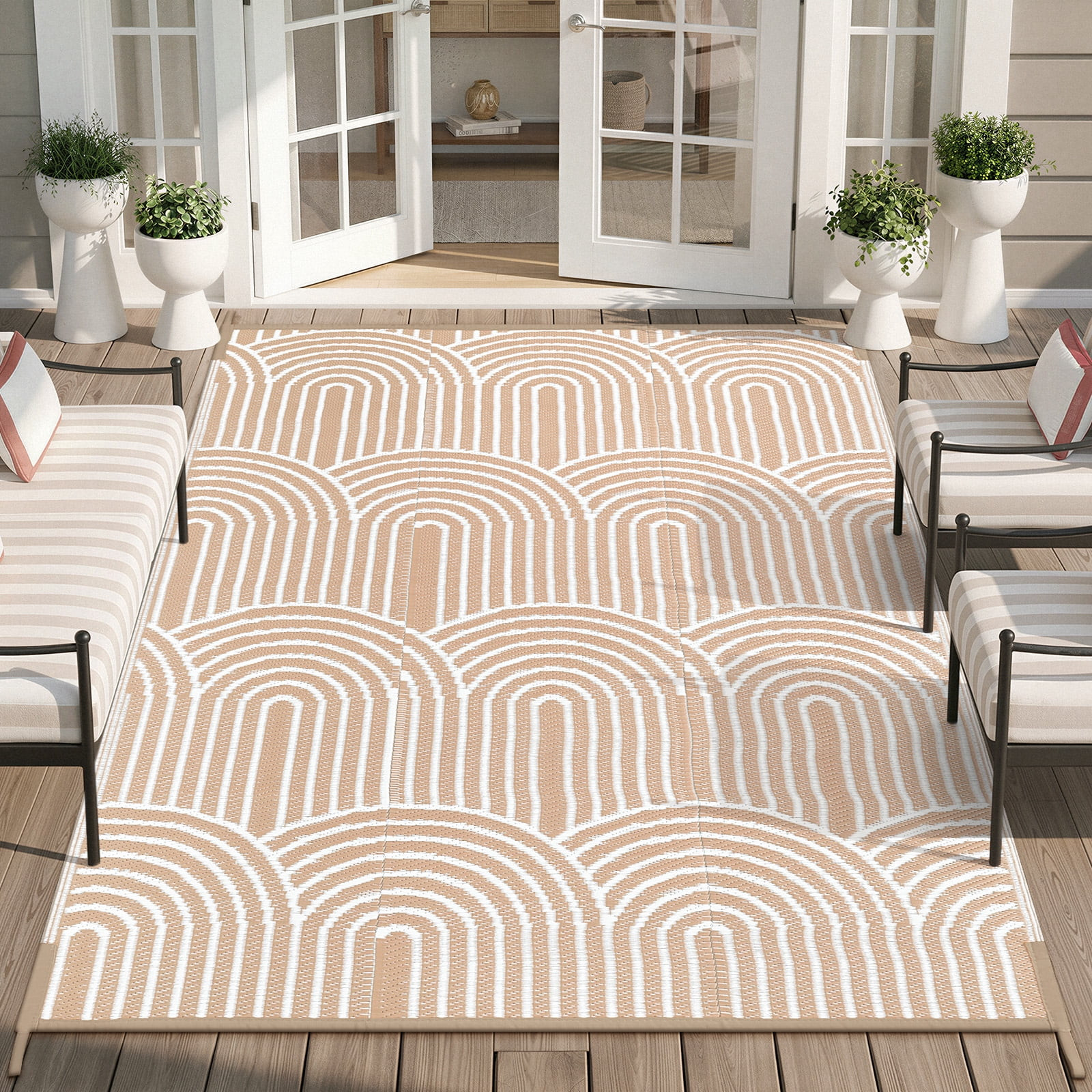 Lahome Decor 6’X9’ Rainbow Outdoor Rug for Patio,Beach Mats Waterproof, Camping Rug for Outside RV, Portable Plastic Straw Outdoor Area Rug for Backyard, Garden, Pool Deck,Light Khaki - Walmart.com | Walmart (US)