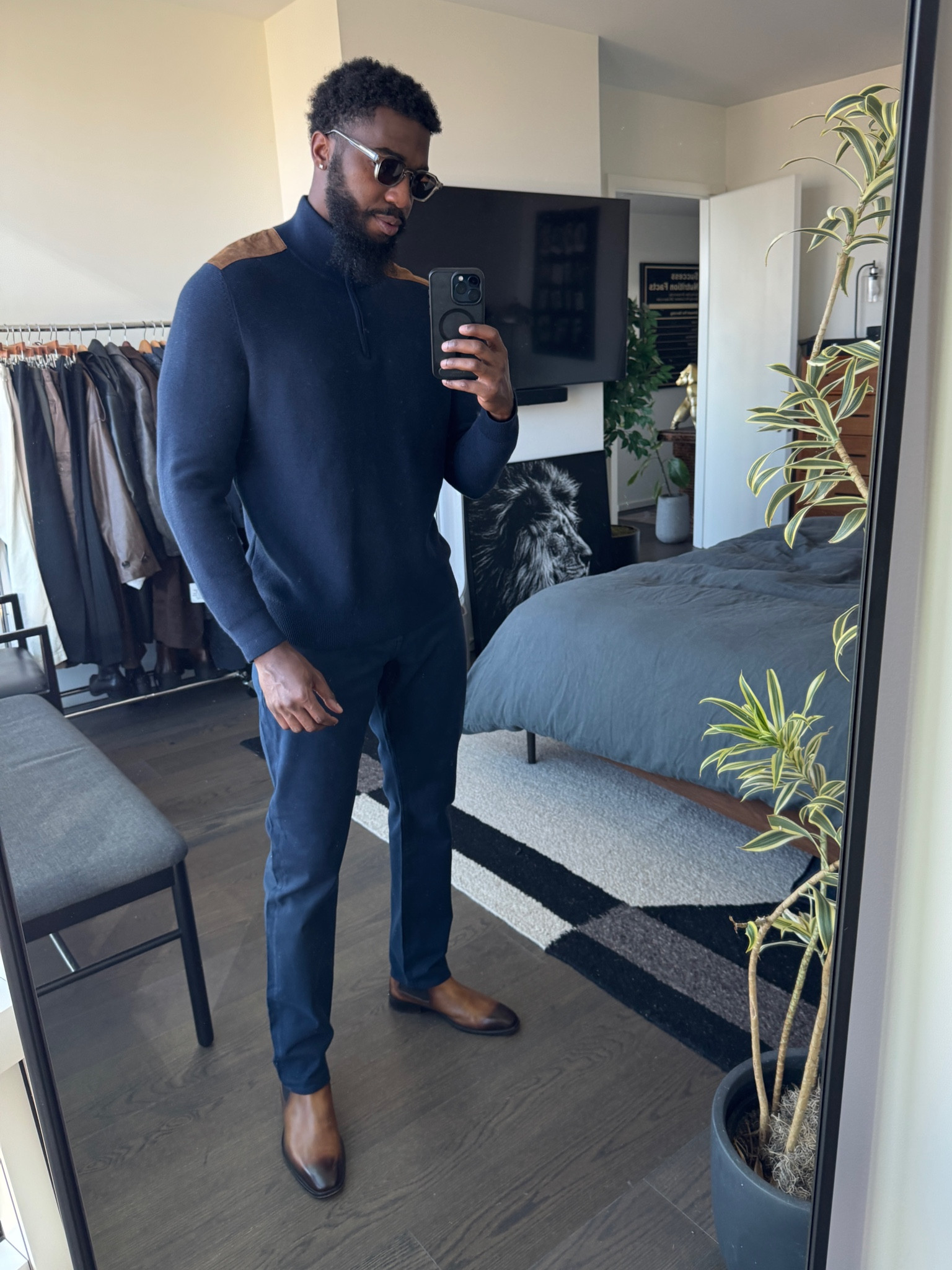 Brown patched navy blue half-zip w/ a pair of navy blue pants and dress Chelsea boots. Links to items down below ⬇️ !

#LTKMens #LTKStyleTip