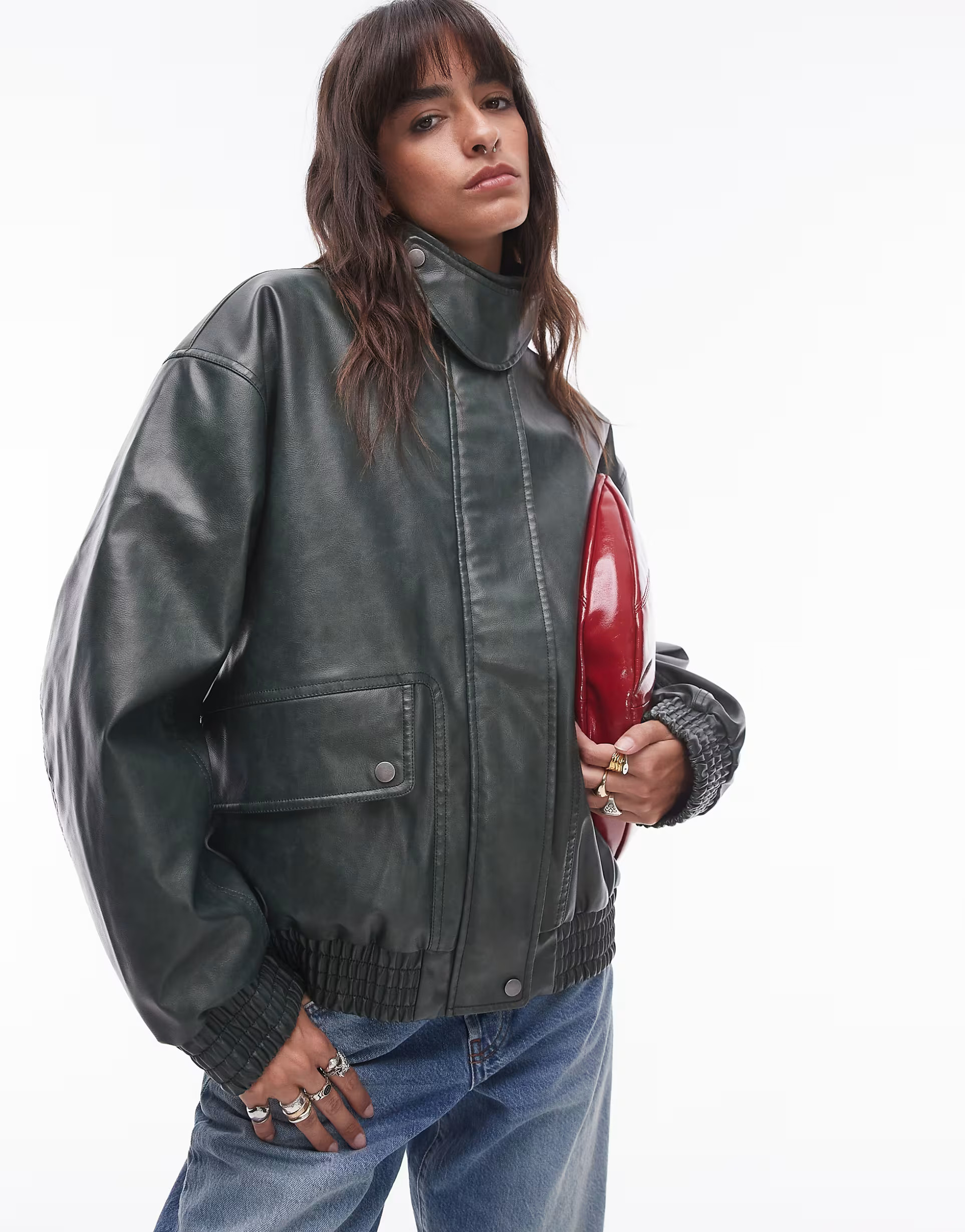 Topshop faux leather oversized bomber jacket in green | ASOS (Global)