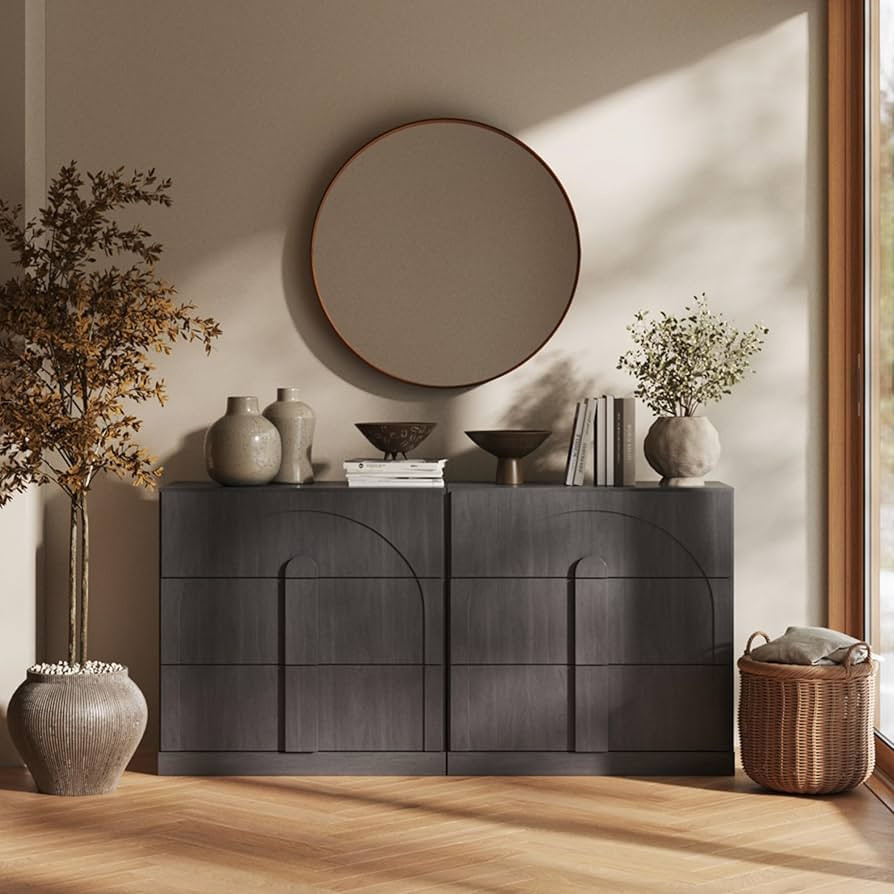 BELLEZE Sideboard Cabinet with 3 Drawers, Set of 2 Modern Wood Buffet Cabinet with Arc Design, La... | Amazon (US)