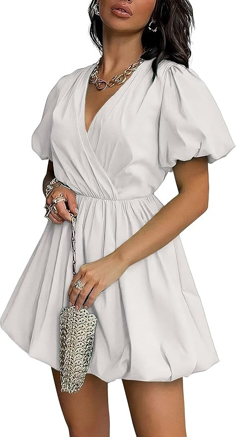 PRETTYGARDEN Women's Short Summer Dresses Casual Puffy Sleeve Wrap V Neck Ruffle Solid Color Flar... | Amazon (US)
