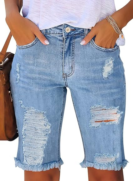 Vetinee Womens Casual Frayed Hem Bermuda Denim Shorts Ripped High Rise Jean Shorts | Amazon (US)