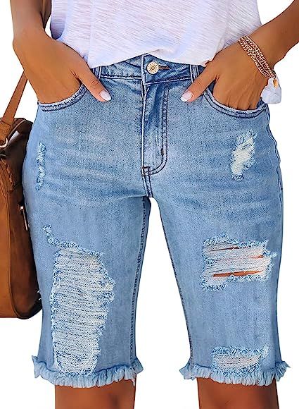 Vetinee Womens Casual Frayed Hem Bermuda Denim Shorts Ripped High Rise Jean Shorts | Amazon (US)