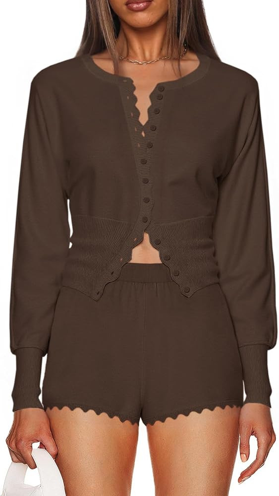 Tankaneo Womens 2 Piece Sweater Sets Casual Fall Outfits Button Down Long Puff Sleeve Knit Cardig... | Amazon (US)