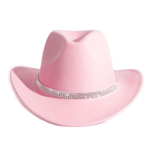 HUDANHUWEI Shiny Rhinestone Cowgirl Hat Bling Wide Brim Cowboy Hat Party Classic Pink | Amazon (US)