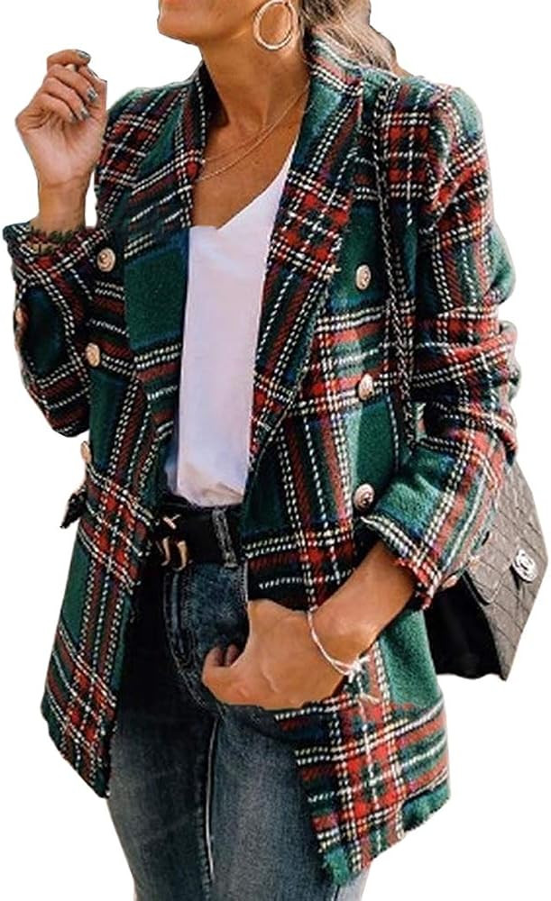 Yeshire Women's Lapel Double Breasted Plaid Formal Work Office Blazer Jacket Outwear | Amazon (US)
