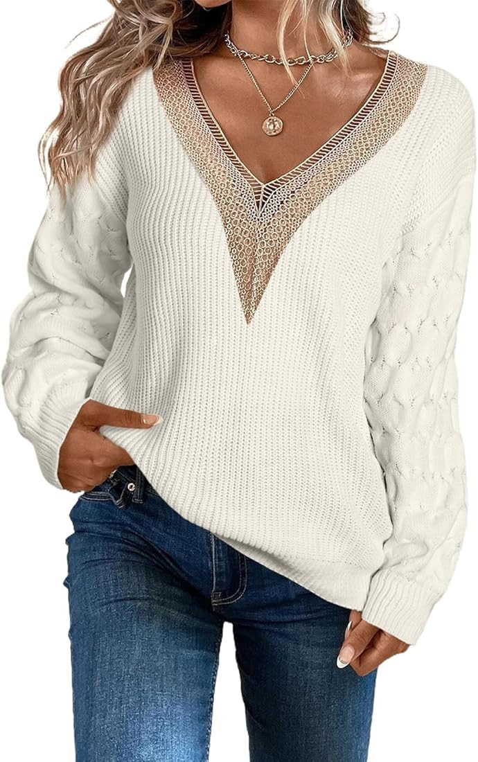 EVALESS Womens Long Sleeve Sweaters Fall 2023 Trendy Sexy Lace V Neck Knit Drop Shoulder Pullover... | Amazon (US)