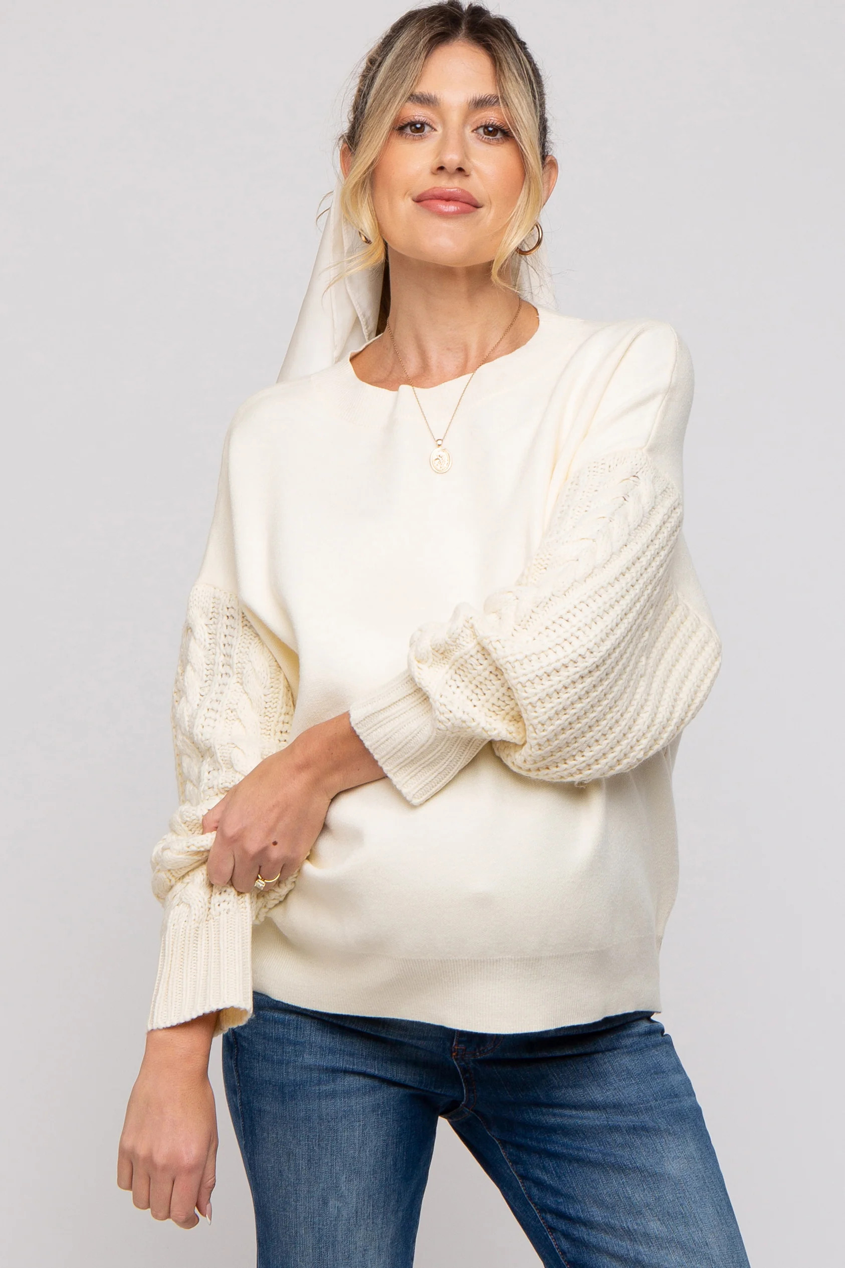 Cream Cable Knit Sleeve Maternity Sweater | PinkBlush Maternity