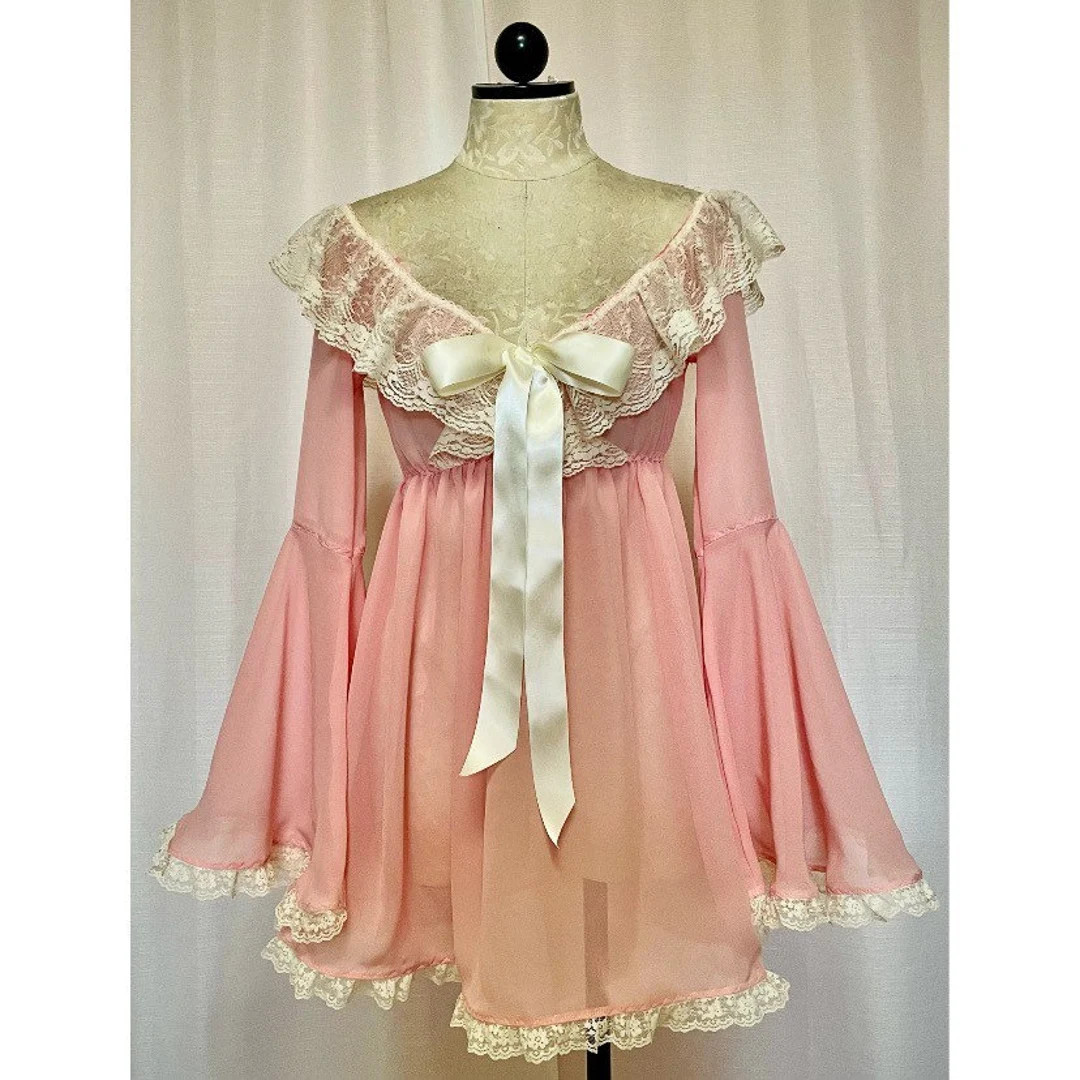 The Penny Dress- vintage ruffled bell sleeve chiffon off the shoulder babydoll | Etsy (Global)