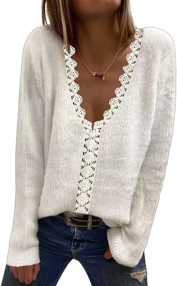 Tankaneo Women Lace V Neck Long Sleeve Pullover Sweaters Fall Winter Casual Knit Solid Jumper Top... | Amazon (US)