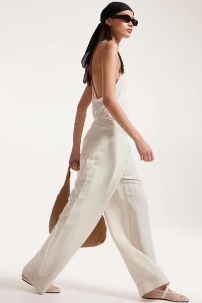 Linen-blend Pants - High waist - Long - Natural white - Ladies | H&M US | H&M (US + CA)