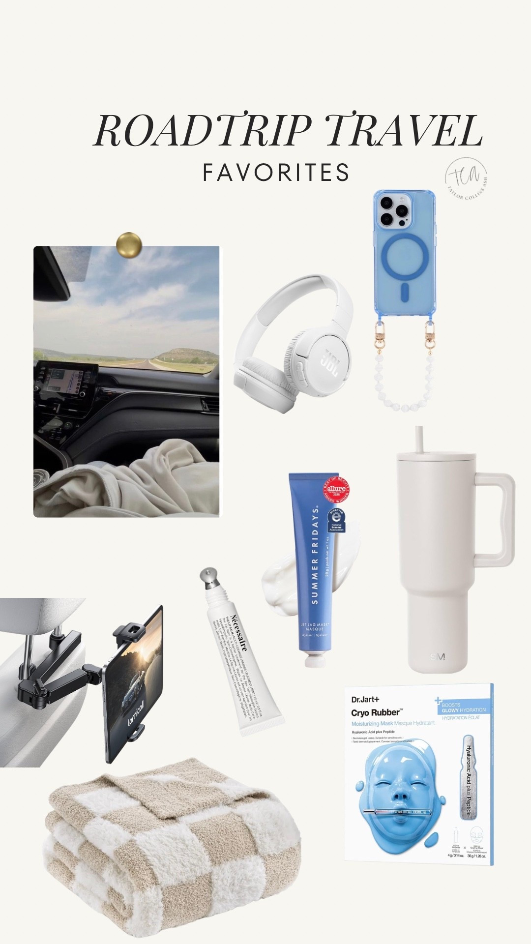 Roadtrip travel necessities-- iPad and phone holder for movies and work, my favorite wireless headphones if you can't stand the Apple AirPods for long periods of time, and all my skincare favorites for hydration!

#LTKdayinmylife #LTKTravel #LTKBeauty