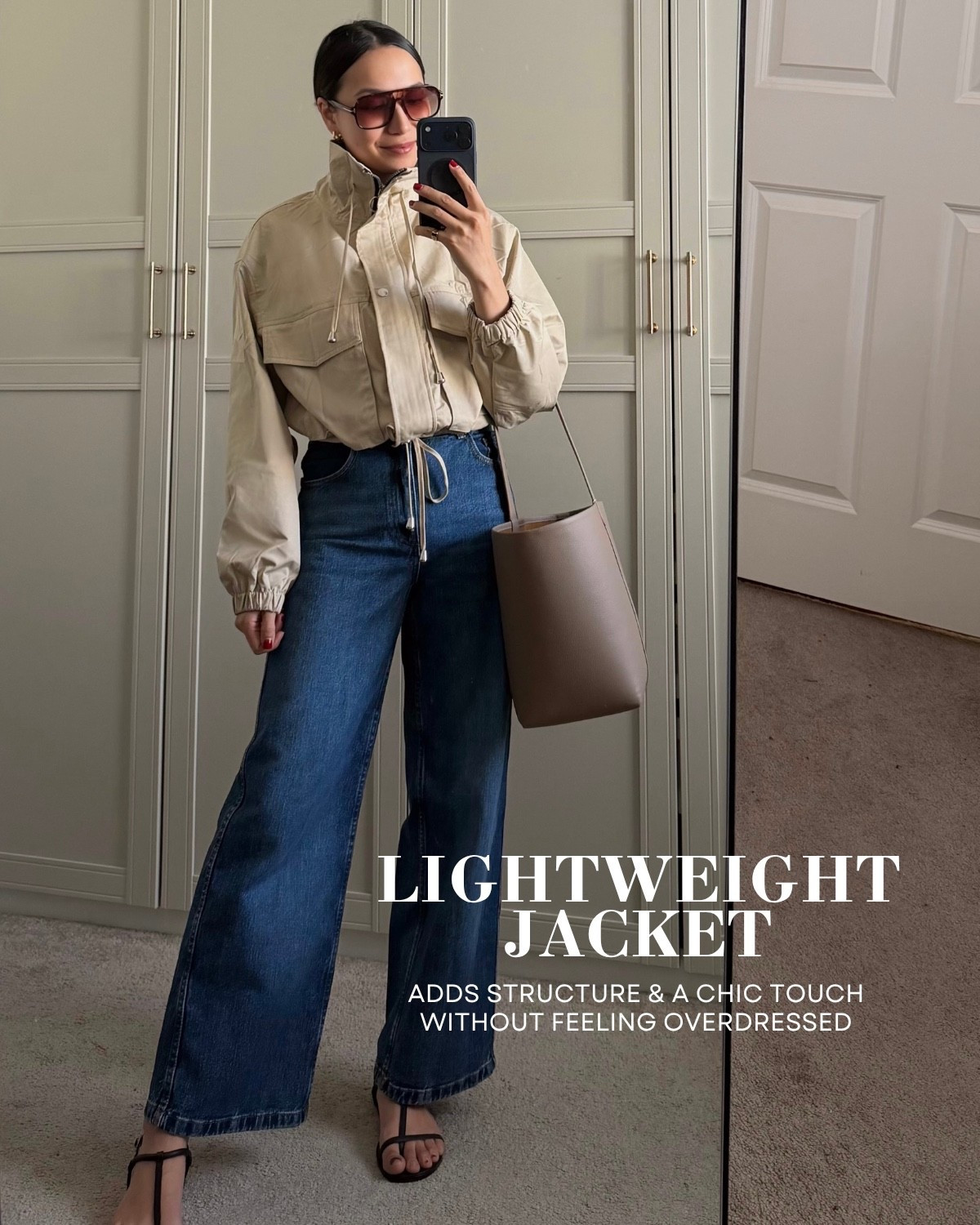 Amazon Lightweight jacket — linked to similar style 
Quince jeans 
Amazon tote 
Madewell strappy heeled sandals

#LTKootd