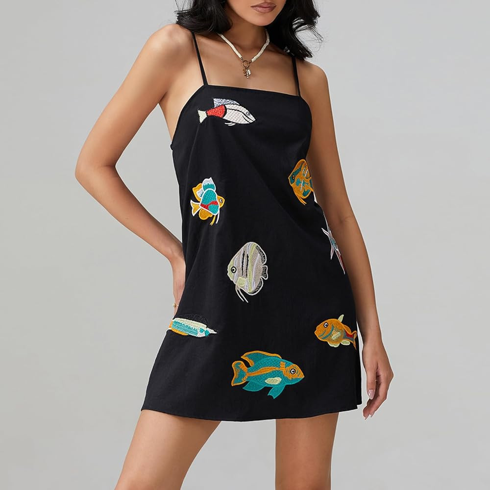 Muineobuka Women Boho Graffiti Cami Mini Dress Spaghetti Strap Colorful Flowy Seashell Fish Printed Summer Beach Sundress | Amazon (US)
