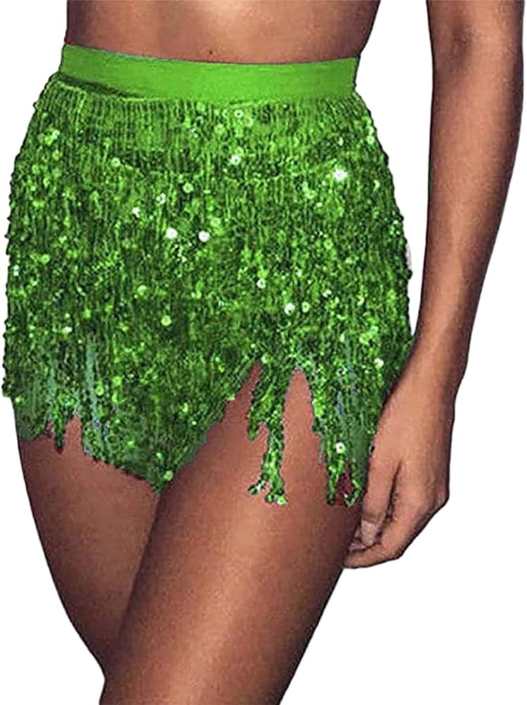 Womens Sexy Boho Sequin Belly Dancer Costume Hip Tassel Fringe Mini Skirt Hip Wrap Rave Dress | Amazon (US)